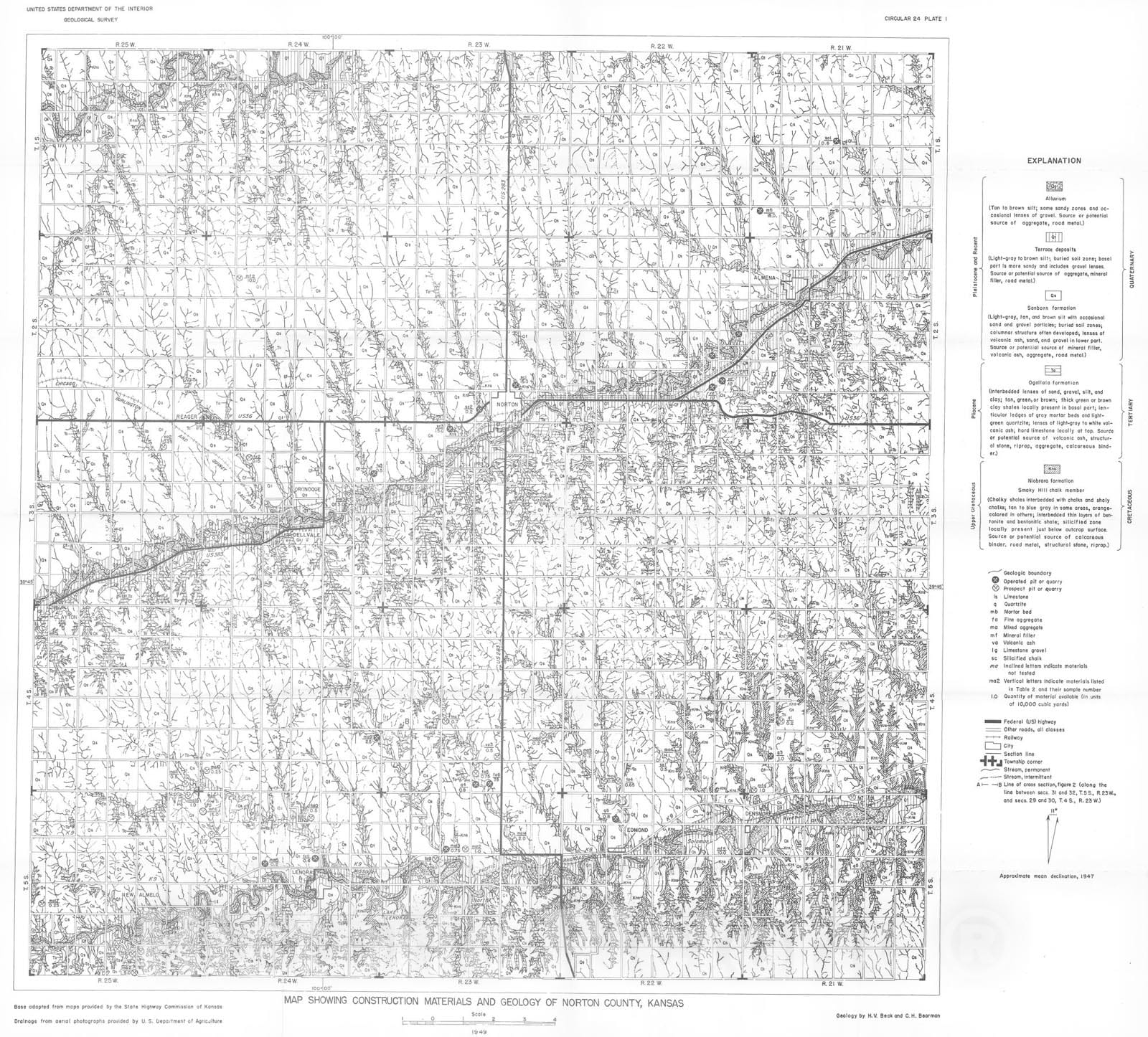 Map : Construction materials in Norton County, Kansas, 1948 Cartography Wall Art :