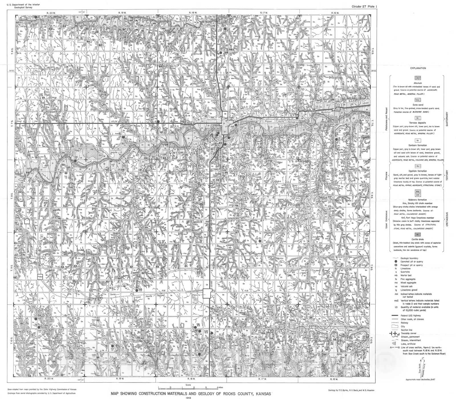 Map : Construction materials in Rooks County, Kansas, 1949 Cartography Wall Art :