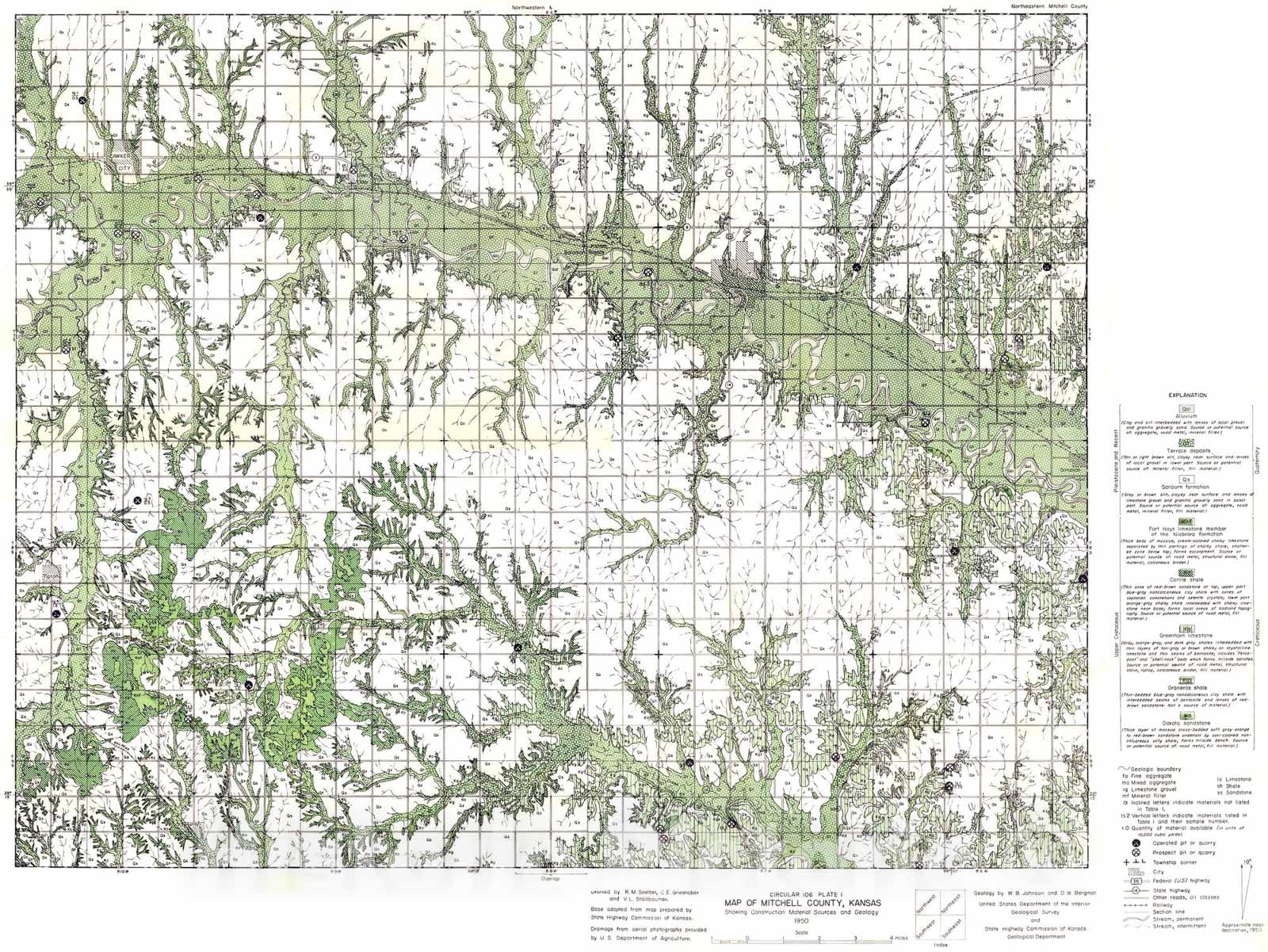 Map : Geologic construction-material resources in Mitchell County, Kansas, 1951 Cartography Wall Art :