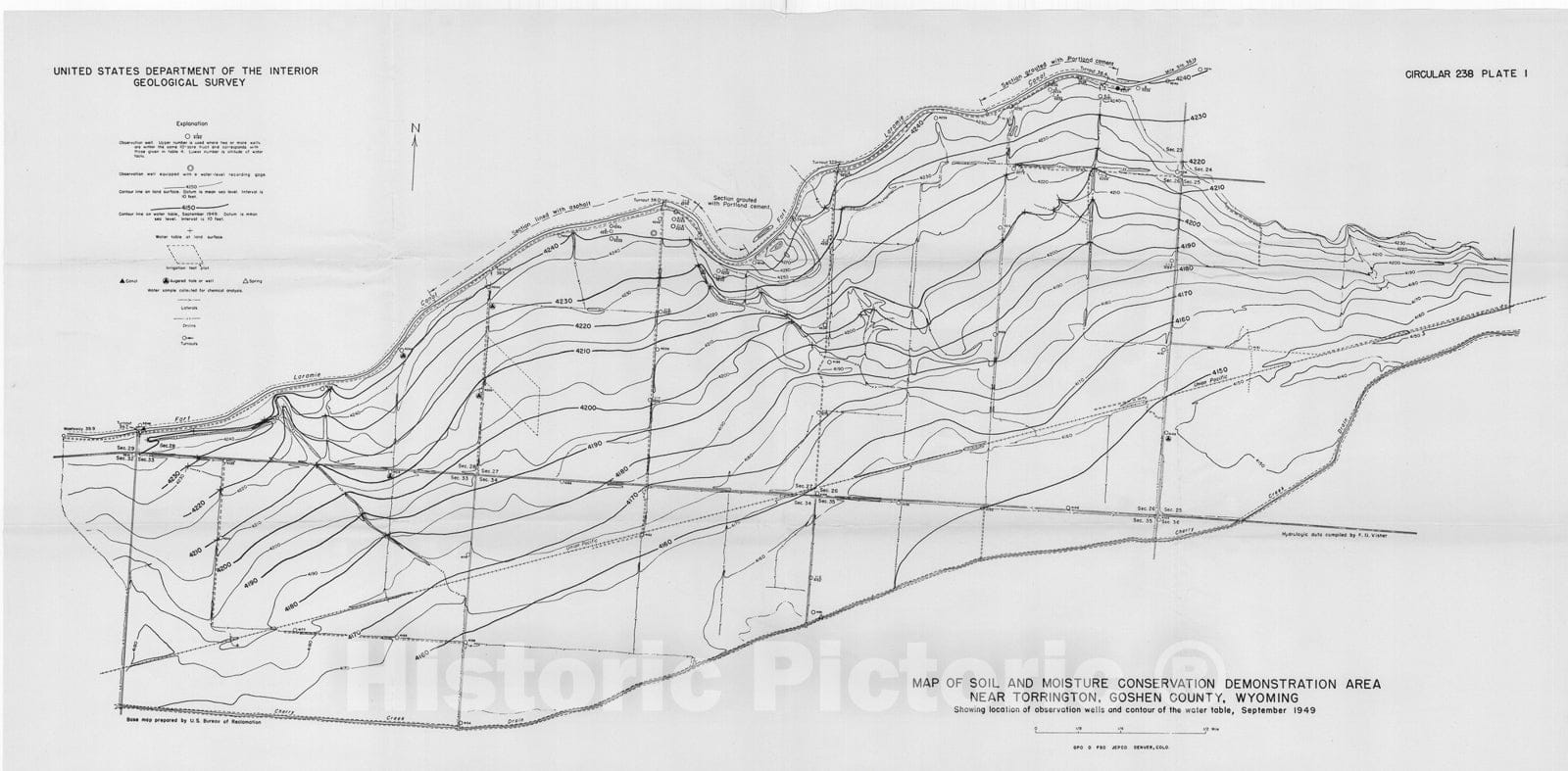 Map : Ground-water conditions in the soil and moisture conservation demonstration area near Torrington, Goshen County, Wyoming, with a s, 1953 Cartography Wall Art :