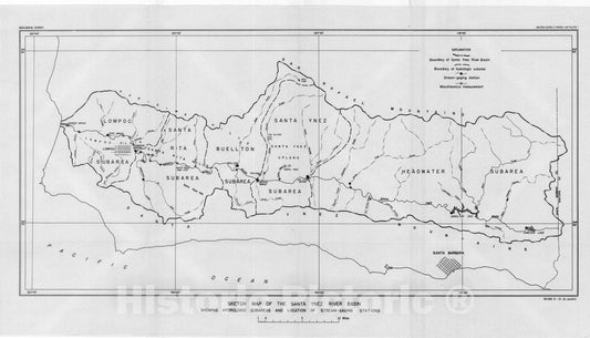 Map : Geology and water resources of the Santa Ynez River Basin, Santa Barbara County, California, 1951 Cartography Wall Art :