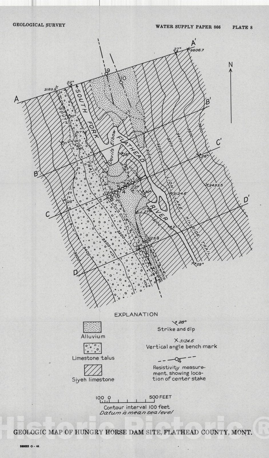 Map : Hungry Horse Dam and Reservoir site, South Fork Flathead River, Flathead County, Montana, 1944 Cartography Wall Art :