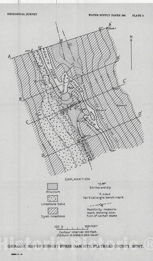 Map : Hungry Horse Dam and Reservoir site, South Fork Flathead River, Flathead County, Montana, 1944 Cartography Wall Art :