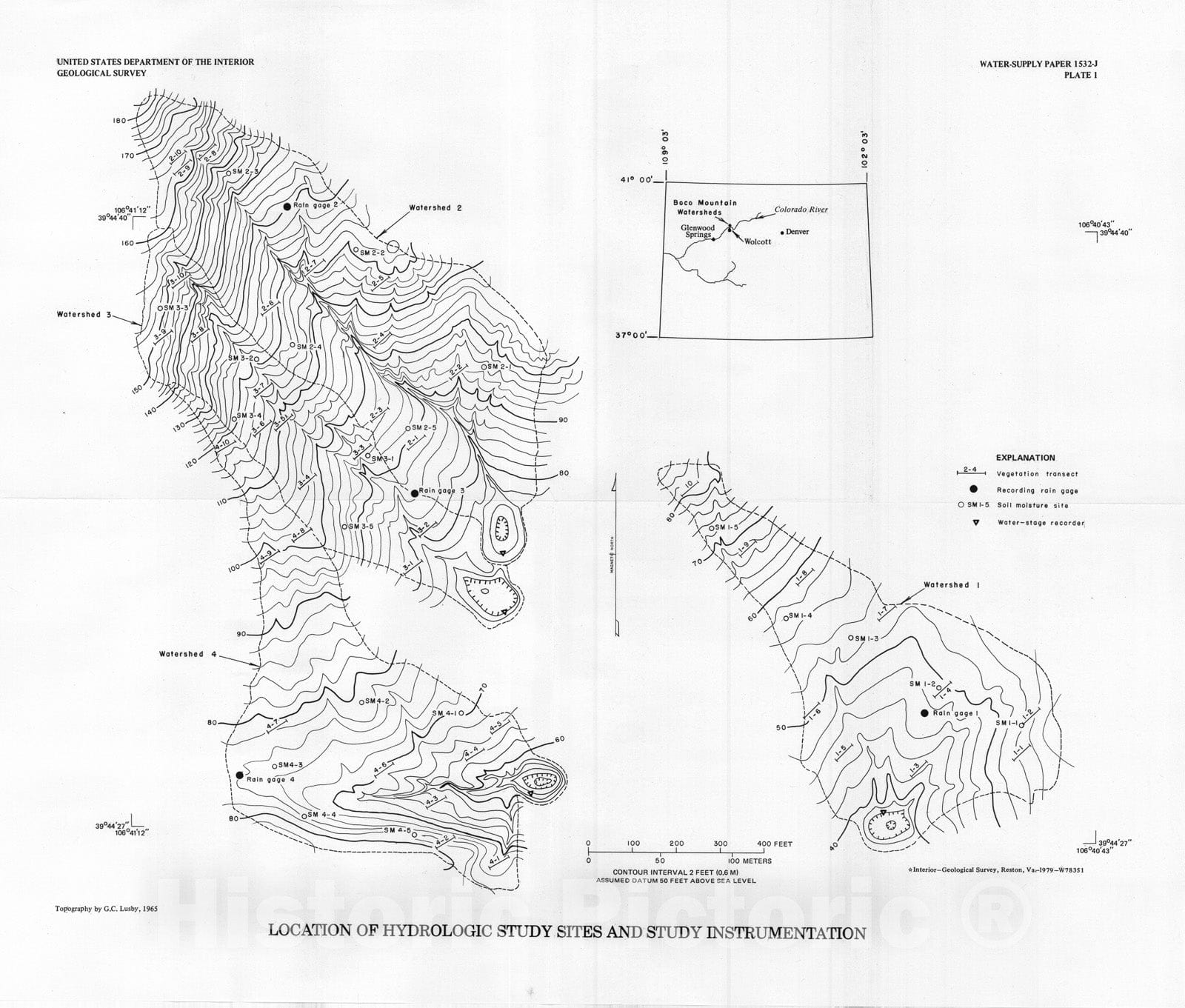 Map : Effects of converting sage brush cover to grass on the hydrology of small watersheds at Boco Mountain, Colorado, 1979 Cartography Wall Art :