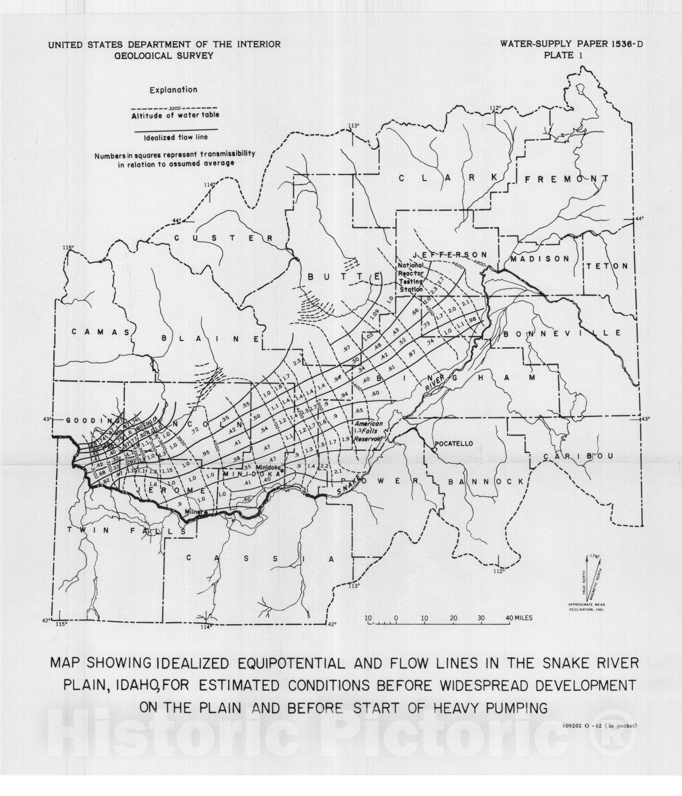 Map : The ground-water flow system in the Snake River Plain, Idaho - an idealized analysis, 1962 Cartography Wall Art :