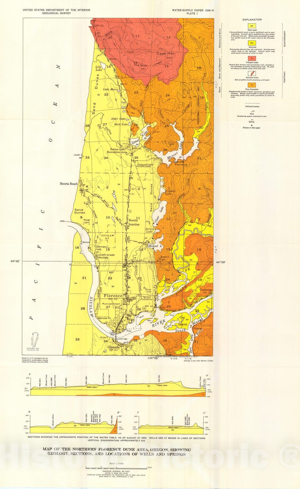 Map : Ground water in the coastal dune area near Florence, Oregon, 1963 Cartography Wall Art :