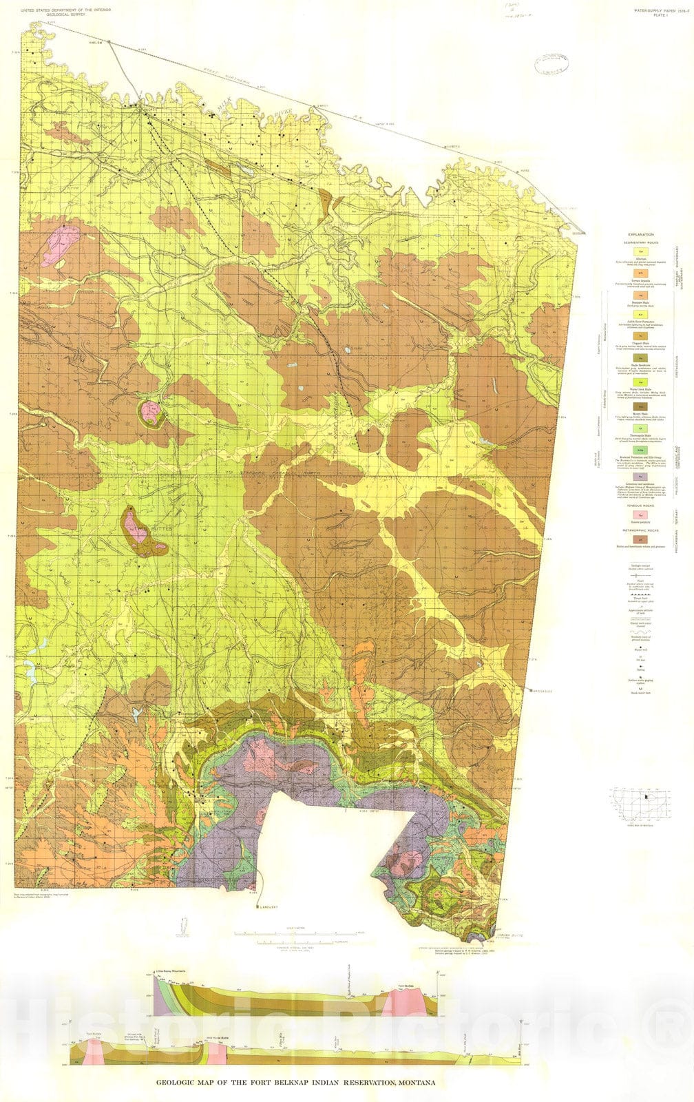 Map : Geology and hydrology of the Fort Belknap Indian Reservation, Montana, 1965 Cartography Wall Art :