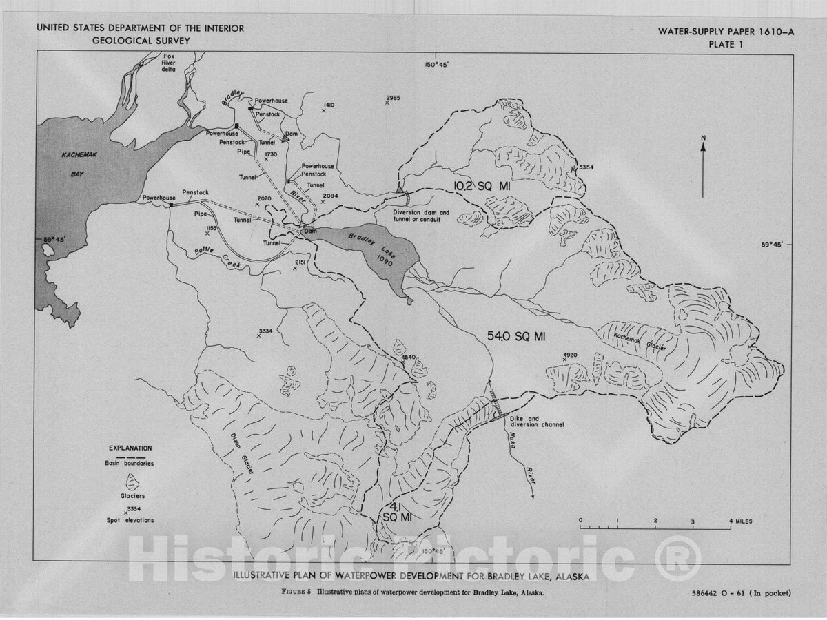 Map : Waterpower resources of the Bradley River basin, Kenai Peninsula, Alaska, 1961 Cartography Wall Art :