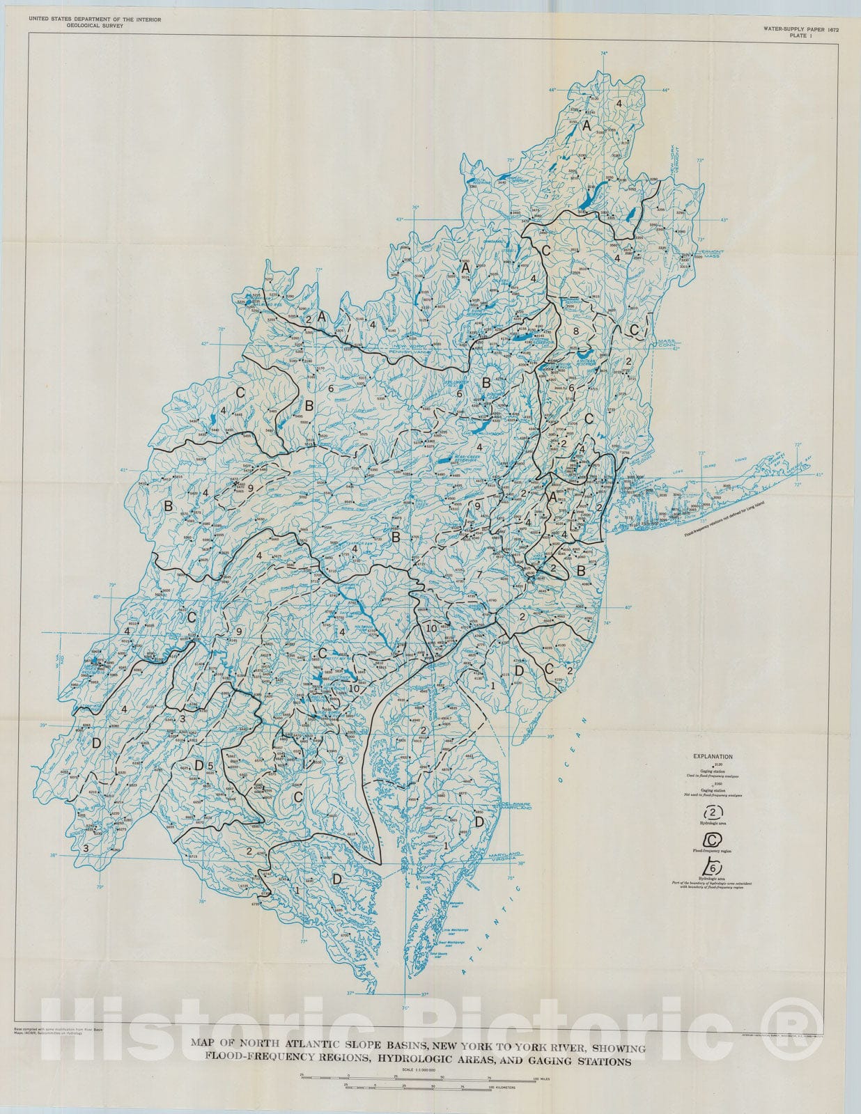 Map : Magnitude and frequency of floods in the Unites States, part 1-B. North Atlantic slope basins, New York to York River, 1968 Cartography Wall Art :