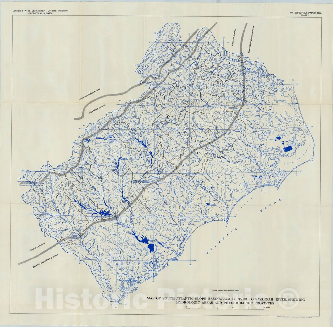 Map : Magnitude and frequency of floods in the Unites States, part 2-A. South Atlantic slope basins, James River to Savannah River, 1964 Cartography Wall Art :