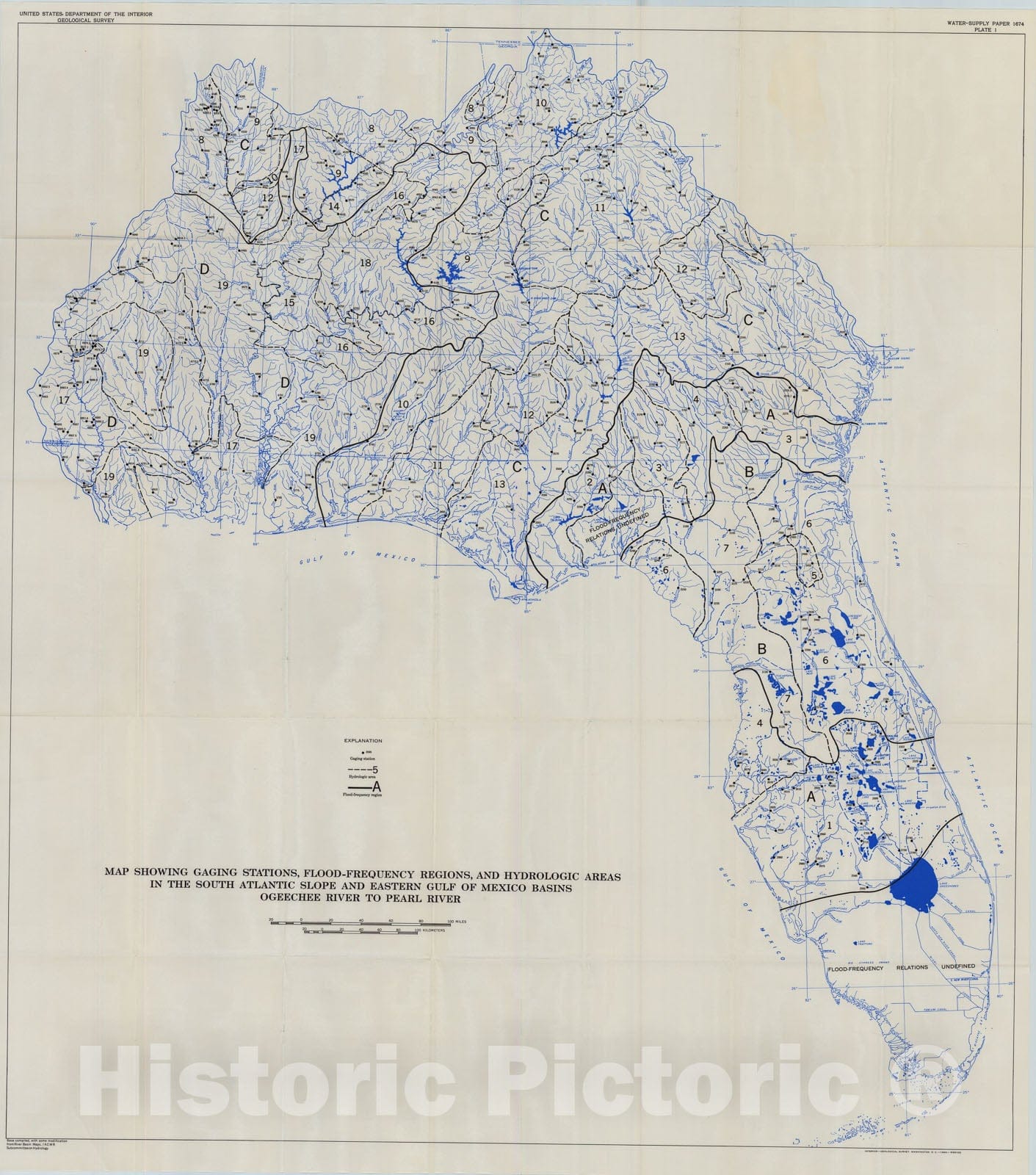Map : Magnitude and frequency of floods in the Unites States, part 2-B. South Atlantic slope and eastern Gulf of Mexico basins, Ogeechee River to Pearl River, 1966 Cartography Wall Art :
