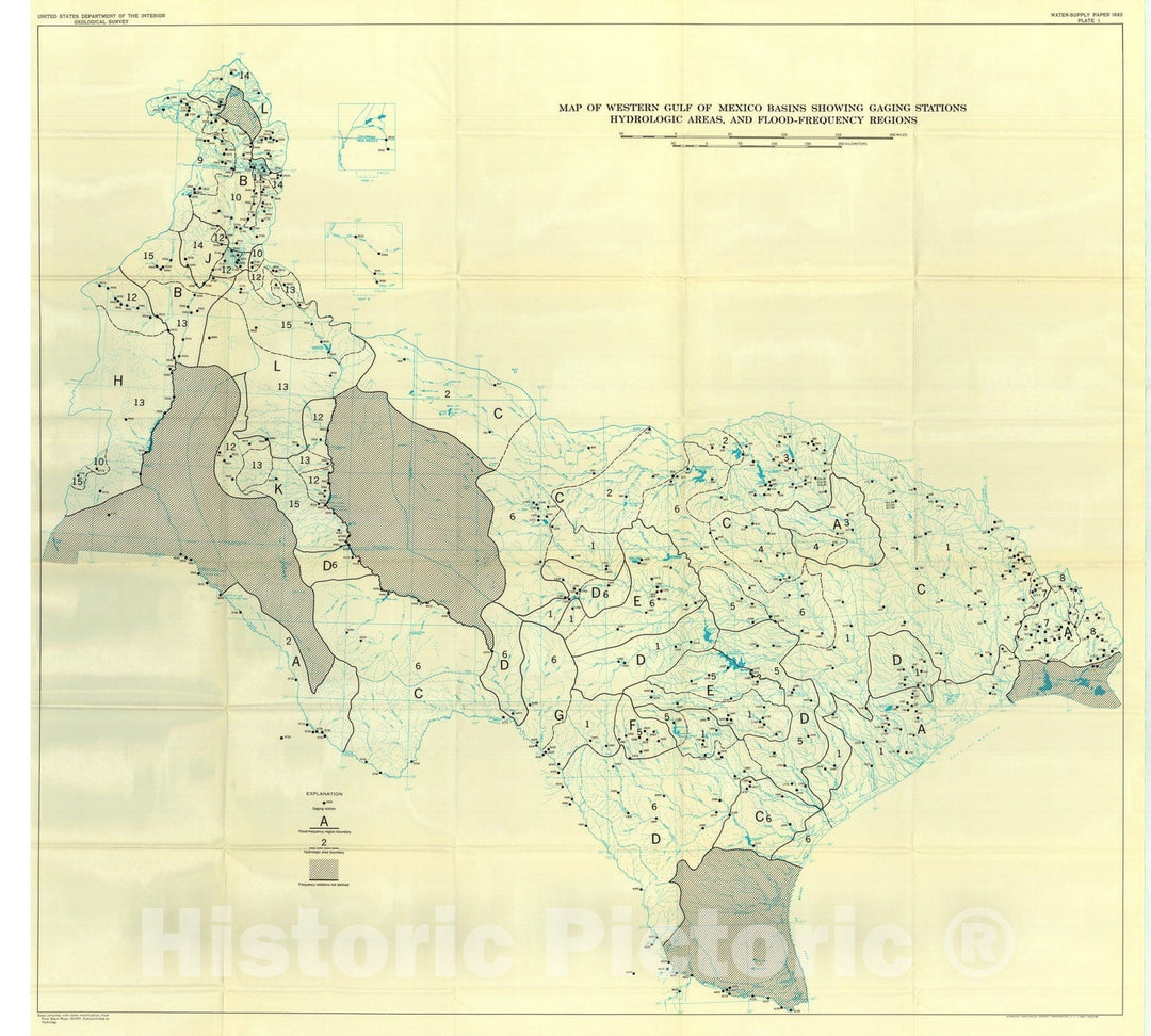 Map : Magnitude and frequency of floods in the United States, part 8. western Gulf of Mexico basins, 1965 Cartography Wall Art :
