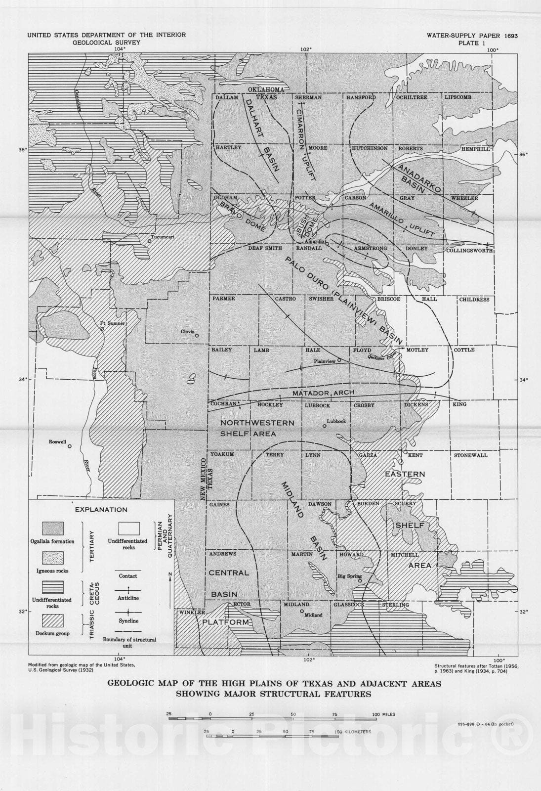 Map : A summary of the occurrence and development of ground water in the southern high plains of Texas, with a section on artificial recharge studies, 1964 Cartography Wall Art :