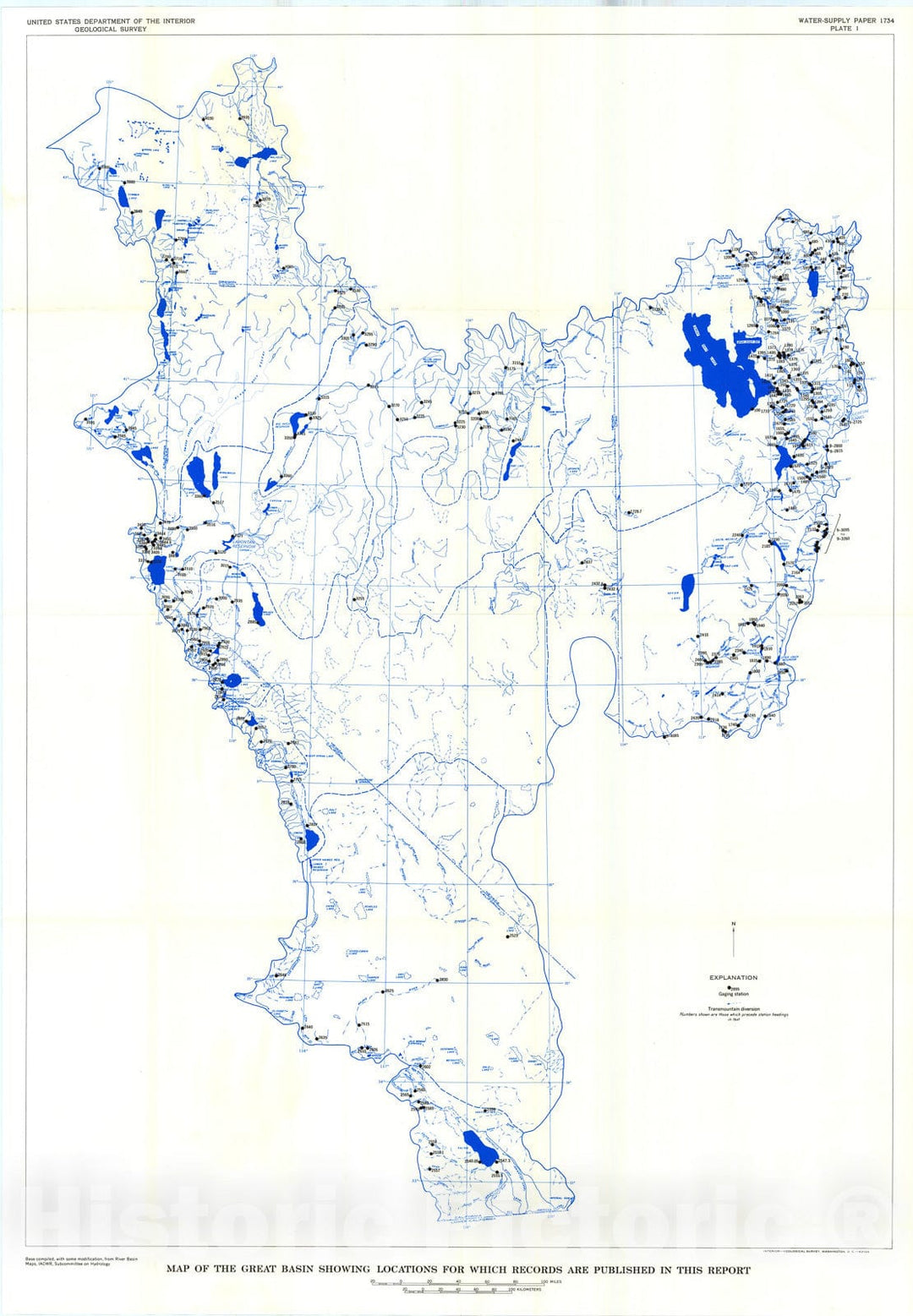 Map : Compilation of records of surface waters of the United States, October 1950 to September 1960, part 10. the Great Basin, 1963 Cartography Wall Art :