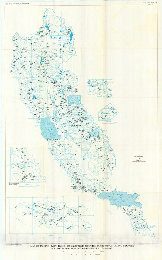 Map : Compilation of records of surface waters of the United States, October 1950 to September 1960, part 11. Pacific slope basins in California, 1964 Cartography Wall Art :