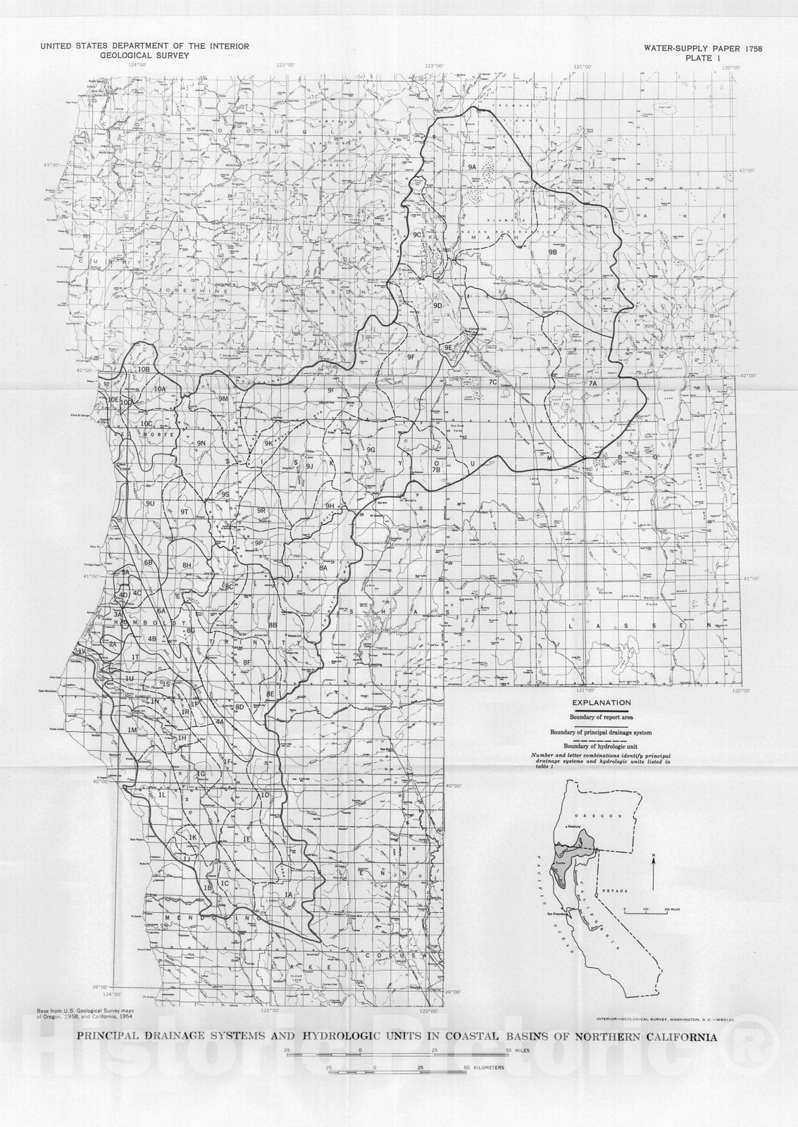 Map : Surface-water hydrology of coastal basins of northern California, 1964 Cartography Wall Art :