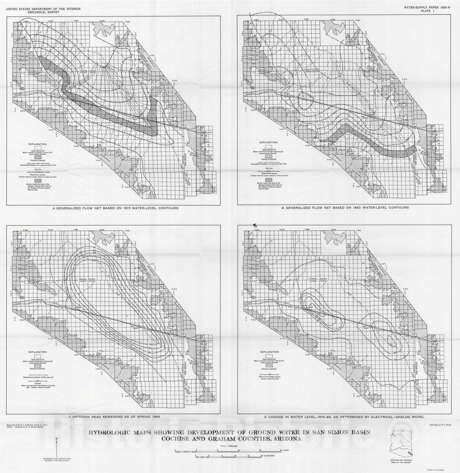 Map : Electrical-analog analysis of hydrologic data for San Simon basin, Cochise and Graham Counties, Arizona, 1965 Cartography Wall Art :