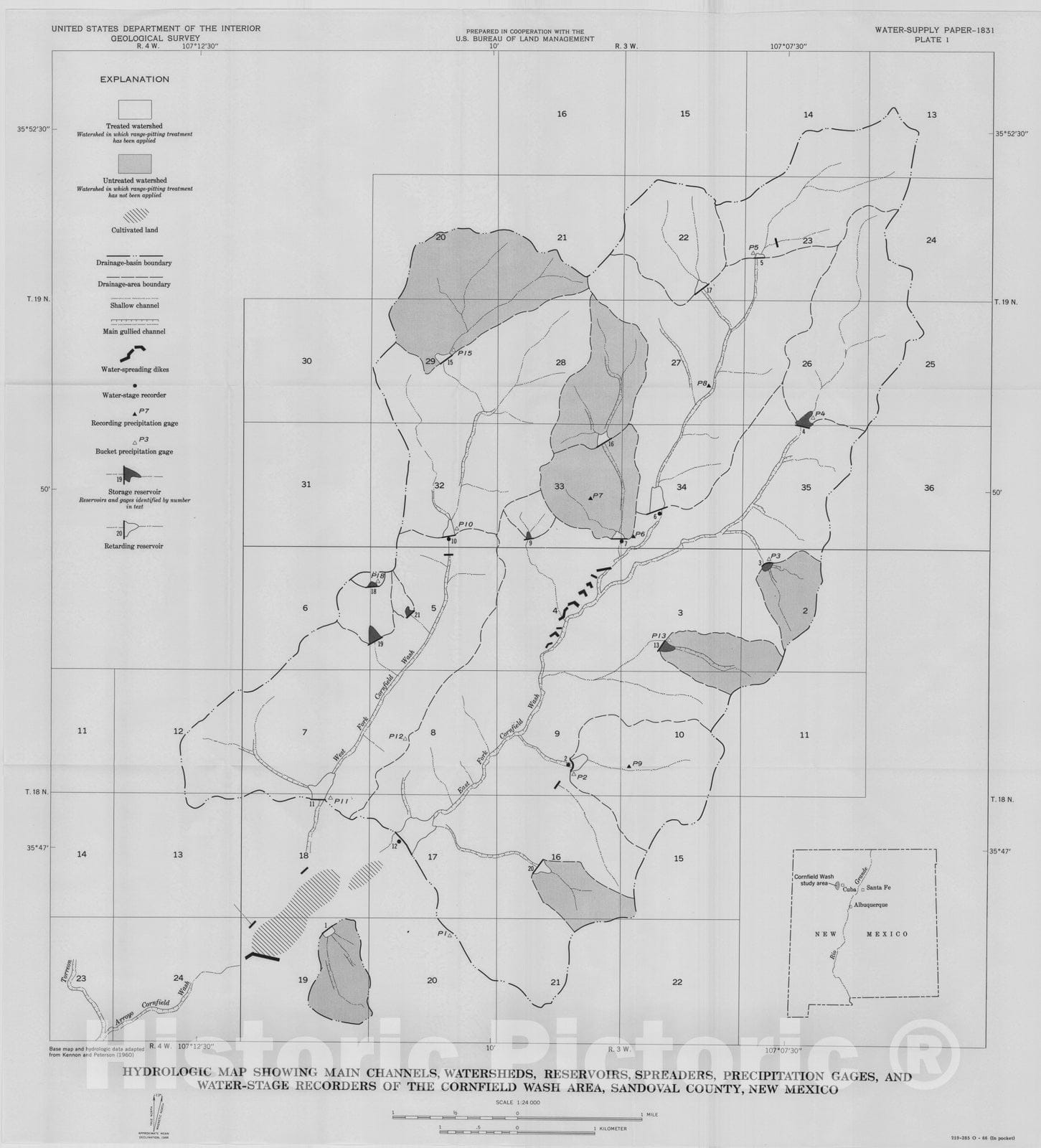 Map : Hydrology of Cornfield Wash area and effects of land-treatment practices, Sandoval County, New Mexico, 1951-60, 1966 Cartography Wall Art :