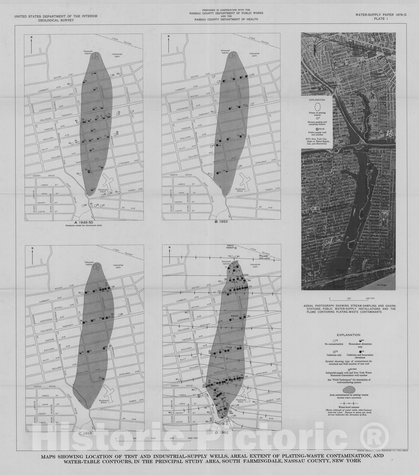 Map : Dispersal of plating wastes and sewage contaminants in ground water and surface water, South Farmingdale - Massapequa area, Nassau County, New York, 1970 Cartography Wall Art :