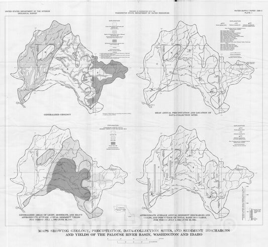 Map : Sediment transport by streams in the Palouse River basin, Washington and Idaho, July 1961 - June 1965, 1970 Cartography Wall Art :