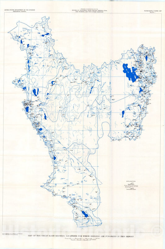 Map : Surface water supply of the United States, 1961-65, Part 10. the Great Basin, 1970 Cartography Wall Art :