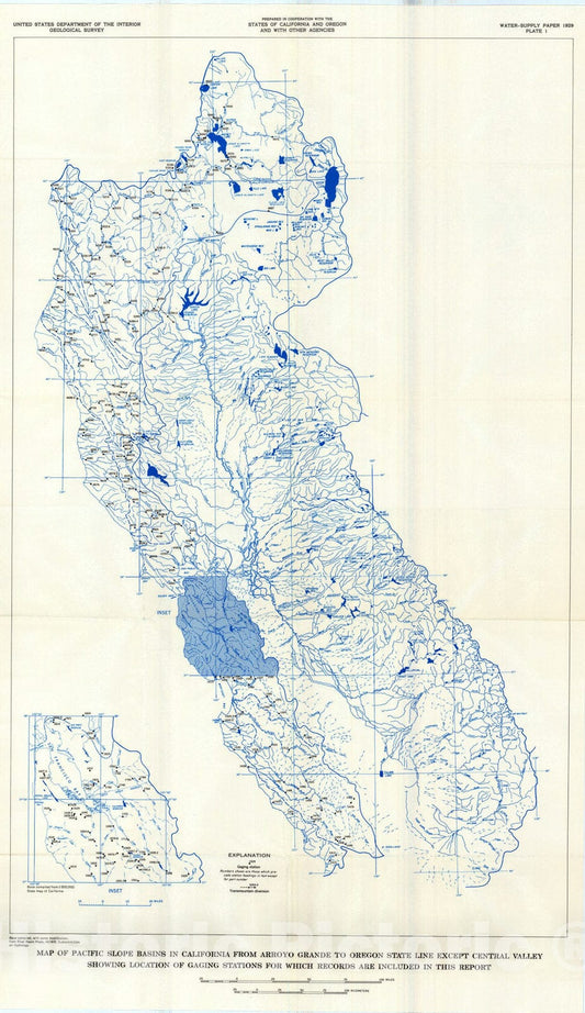 Map : Surface water supply of the United States, 1961-65, Part 11. Pacific slope basins in California, Volume 2. basins from Arroyo Gran, 1970 Cartography Wall Art :