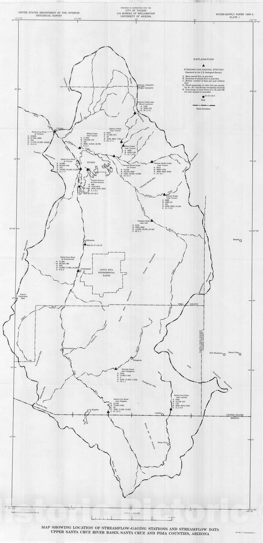 Map : Streamflow in the upper Santa Cruz River basin, Santa Cruz and Pima Counties, Arizona, 1970 Cartography Wall Art :