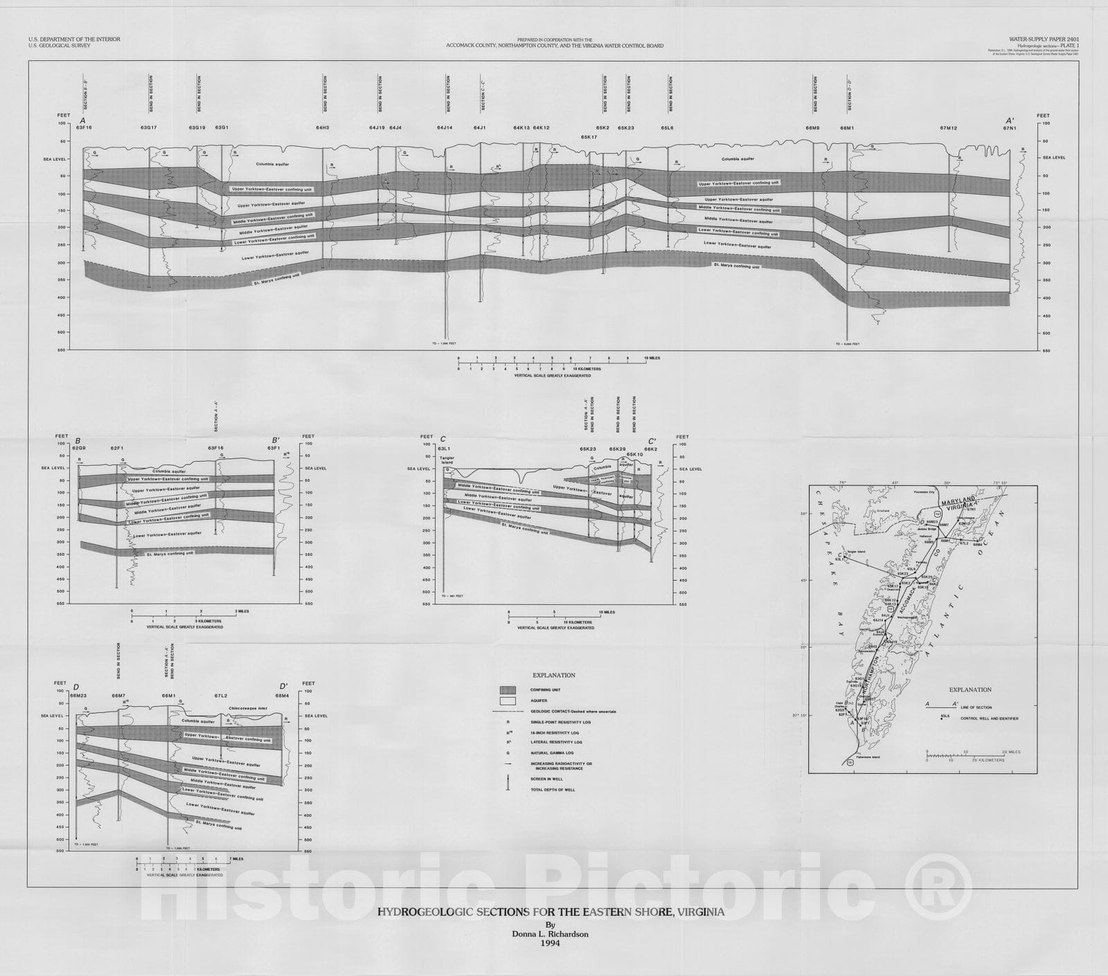Map : Hydrogeology and analysis of the ground-water-flow system of the eastern shore, Virginia, 1994 Cartography Wall Art :