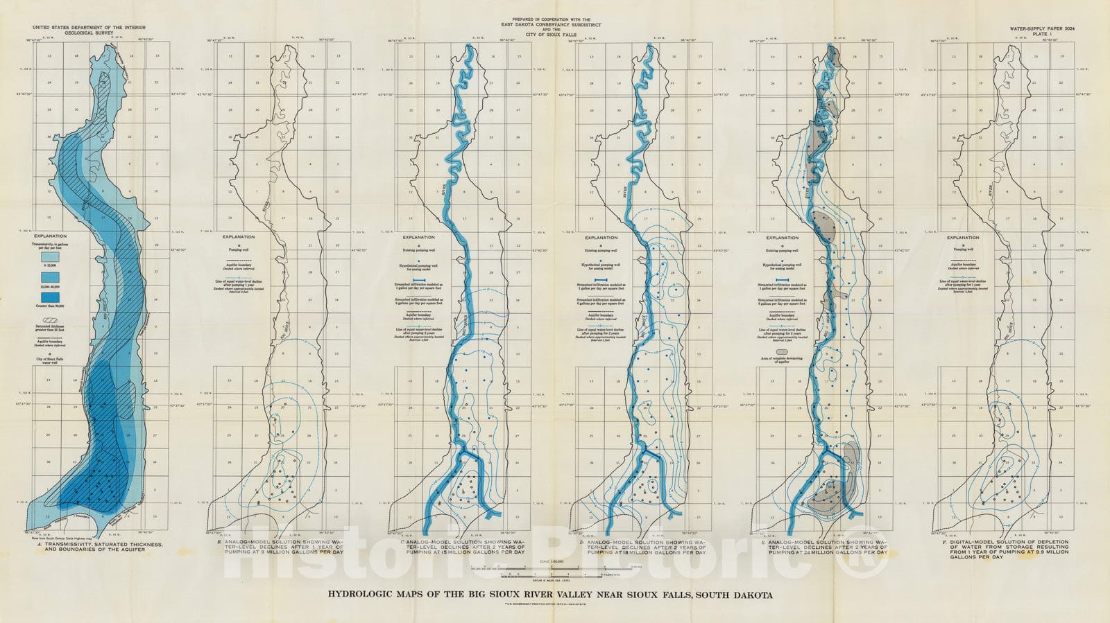 Map : Water resources of the Big Sioux River valley near Sioux Falls, South Dakota, 1973 Cartography Wall Art :