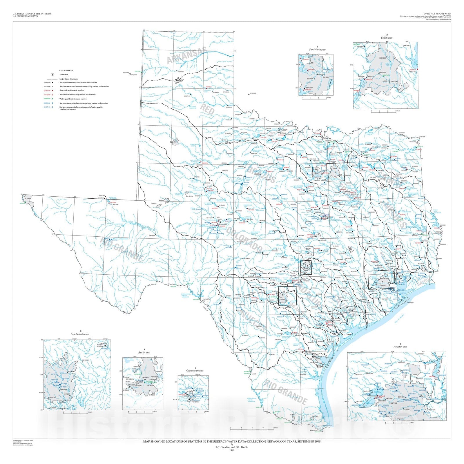 Map : Index of stations - surface-water data-collection network of Texas, September 1998, 1999 Cartography Wall Art :