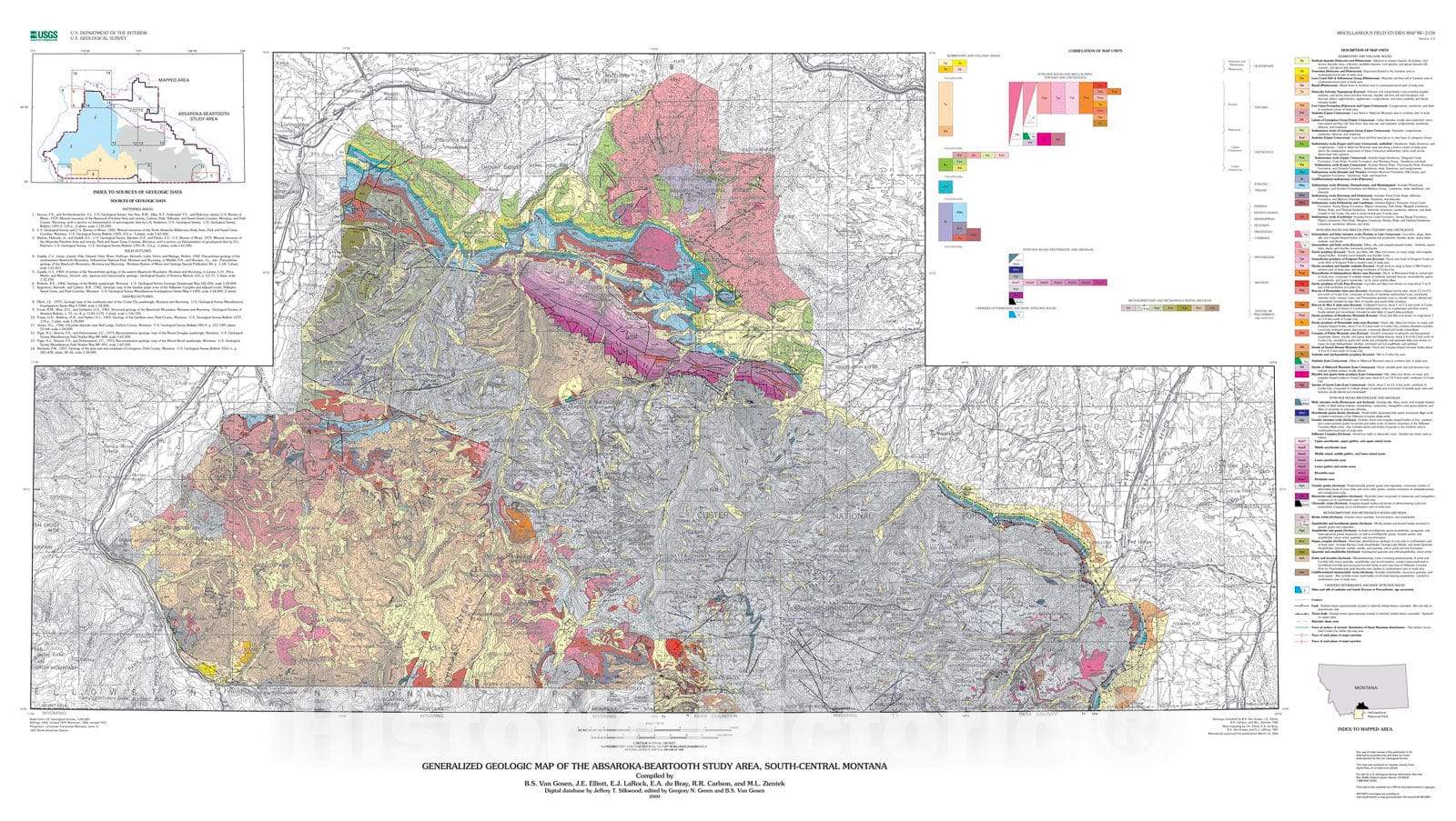 Map : Generalized geologic map of the Absaroka - Beartooth study area, south-central Montana, 2000 Cartography Wall Art :