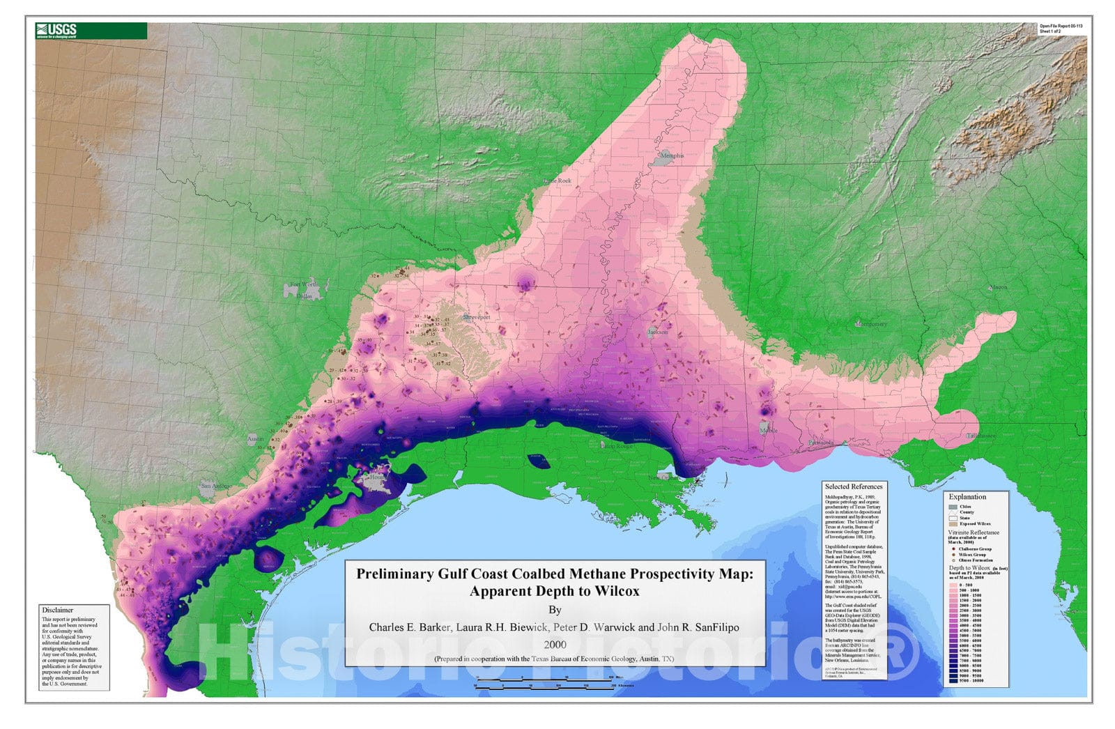 Map : Preliminary Gulf Coast coalbed methane exploration maps: depth to Wilcox, apparent Wilcox thickness and vitrinite reflectance, 2000 Cartography Wall Art :