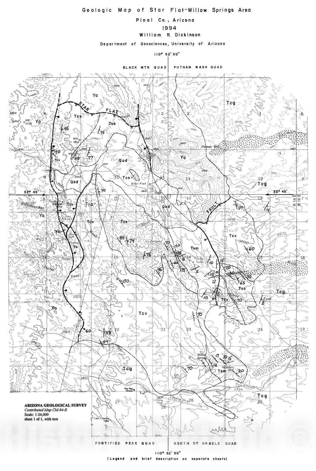 Map : Geologic map of Star Flat - Willow Springs area, Pinal County, Arizona, 1994 Cartography Wall Art :
