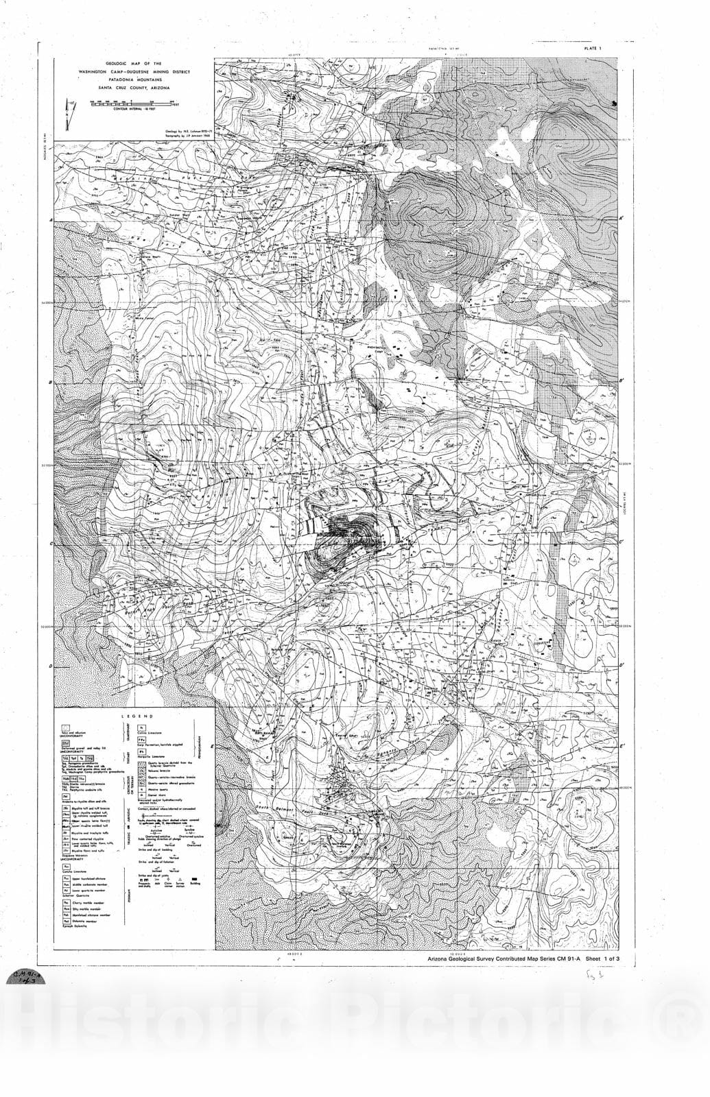 Map : Geologic map and cross sections of the Washington Camp-Duquesne Mining District, Patagonia Mountains, Santa Cruz County, Arizona, 1991 Cartography Wall Art :