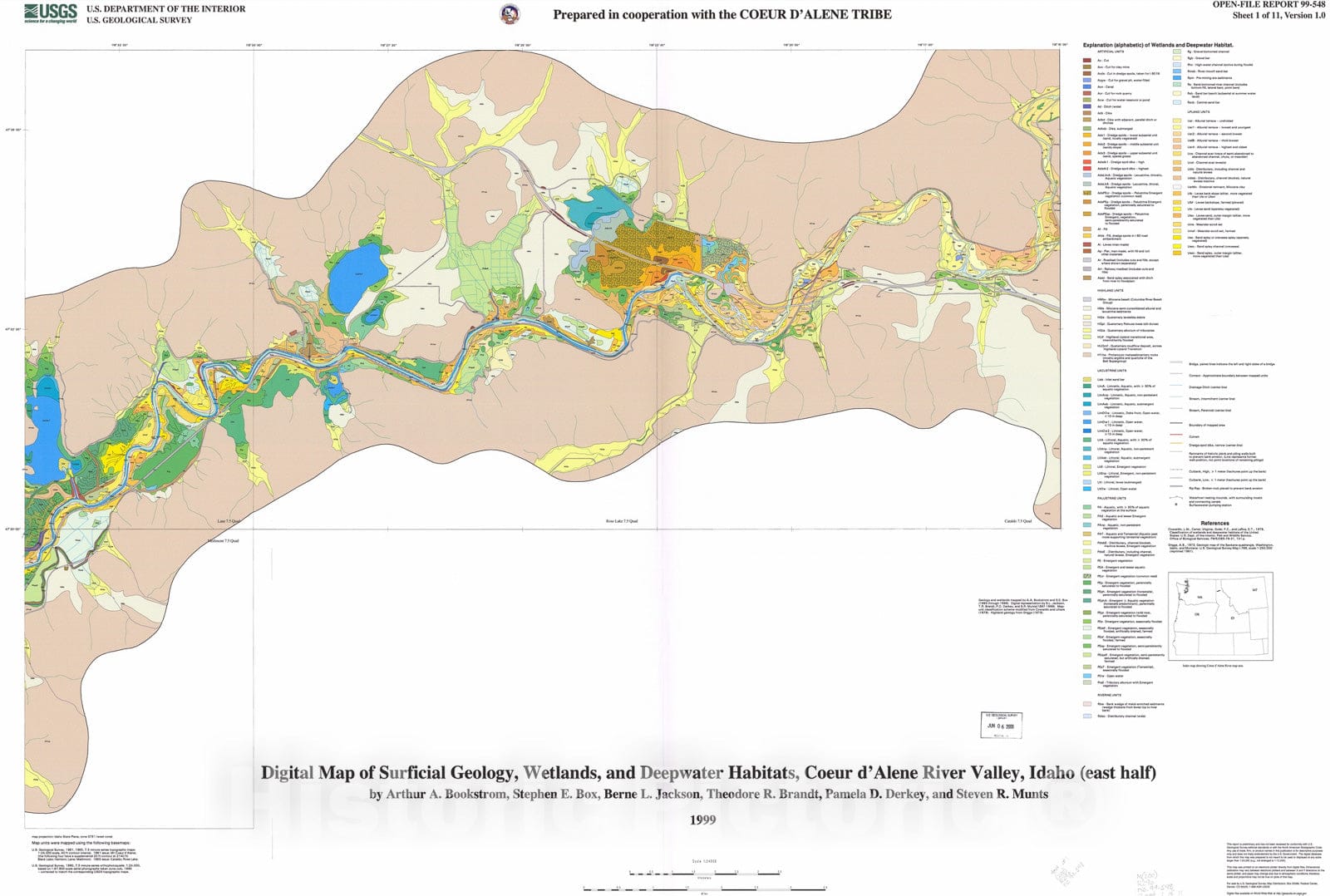 Map : Digital map of surficial geology, wetlands, and deepwater habitats, Coeur d'Alene River valley, Idaho, 1999 Cartography Wall Art :