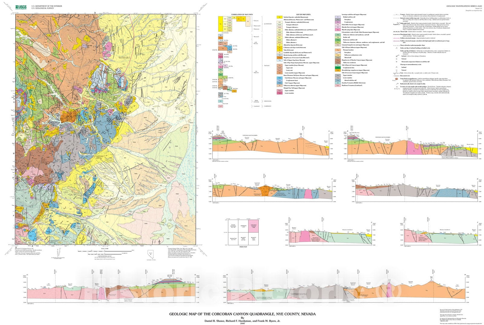 Map : Geologic map of the Corcoran Canyon quadrangle, Nye County, Nevada, 2000 Cartography Wall Art :