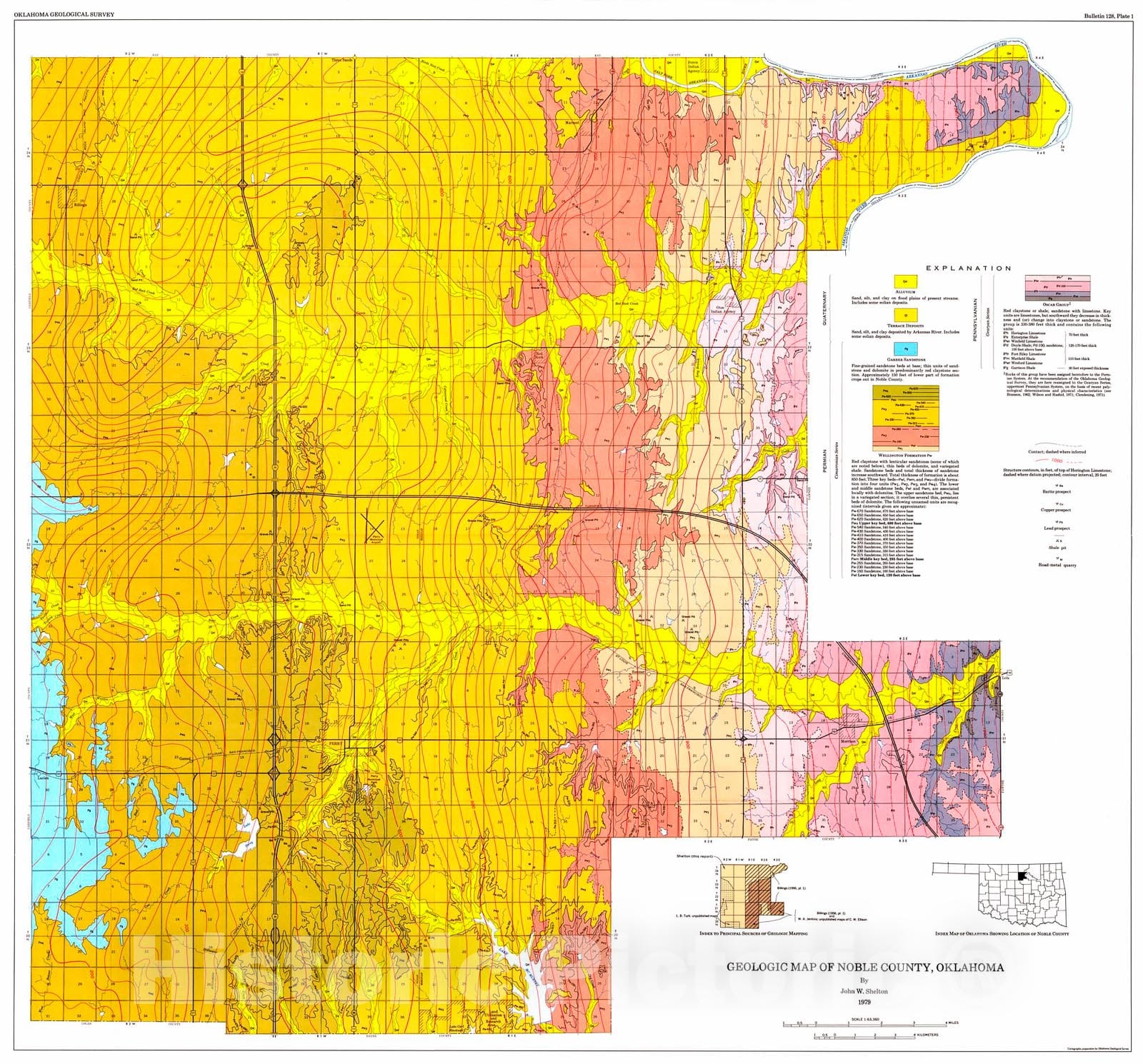 Map : Plate 1.  Geologic map of Noble County, Oklahoma, 1979 Cartography Wall Art :