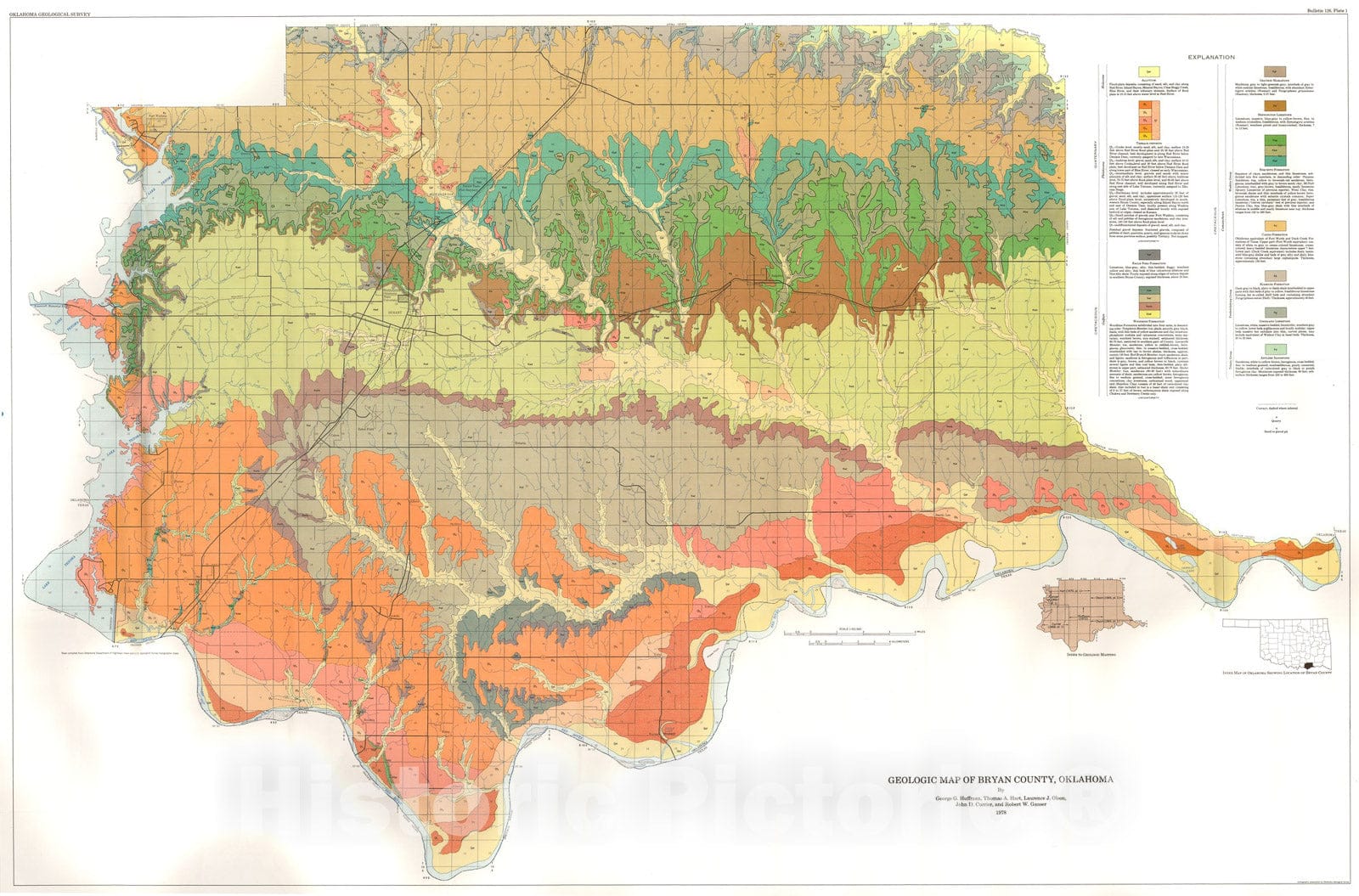 Map : Plate 1. Geologic map of Bryan County, Oklahoma, 1978 Cartography Wall Art :
