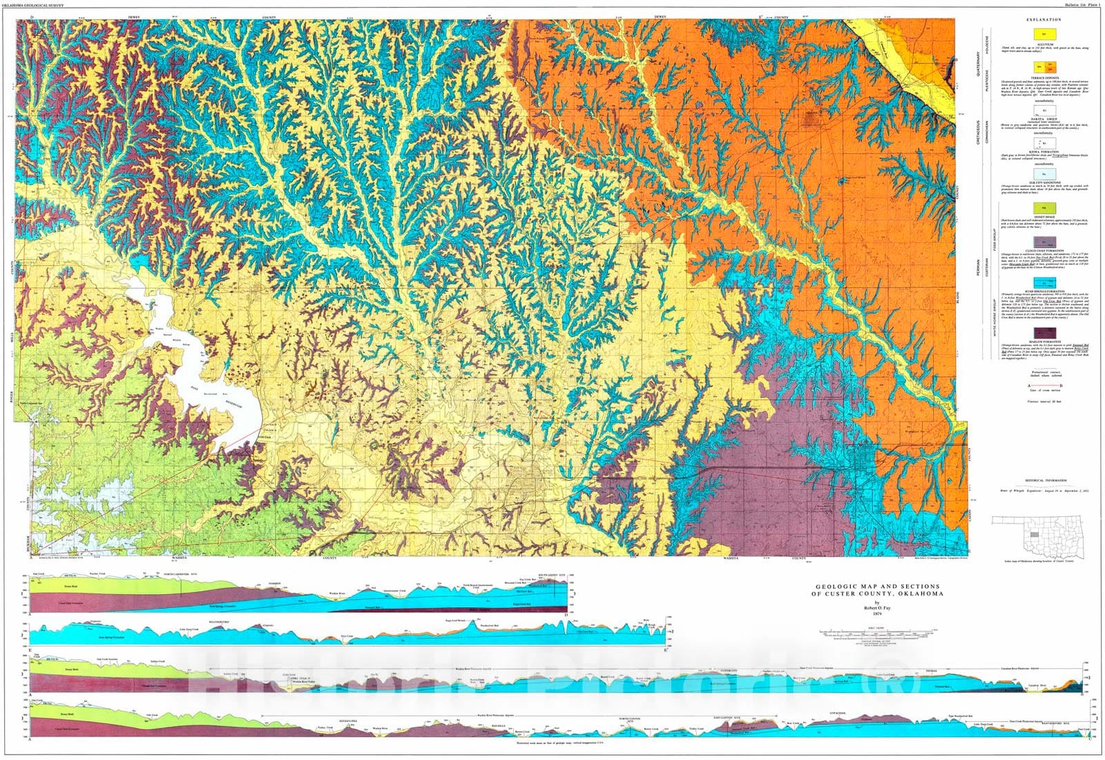 Map : Plate 1.  Geologic map and sections of Custer County, 1968 Cartography Wall Art :