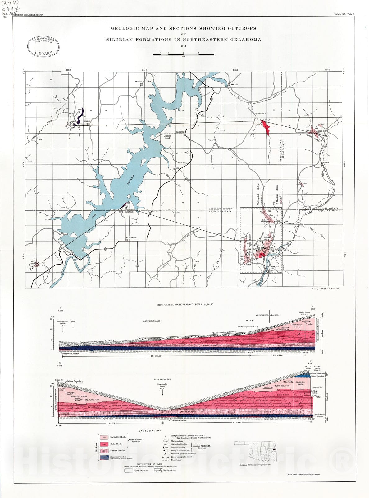 Map : Plate B.  Geologic map and section showing outcrops of Silurian formations in northeastern Oklahoma, 1964 Cartography Wall Art :