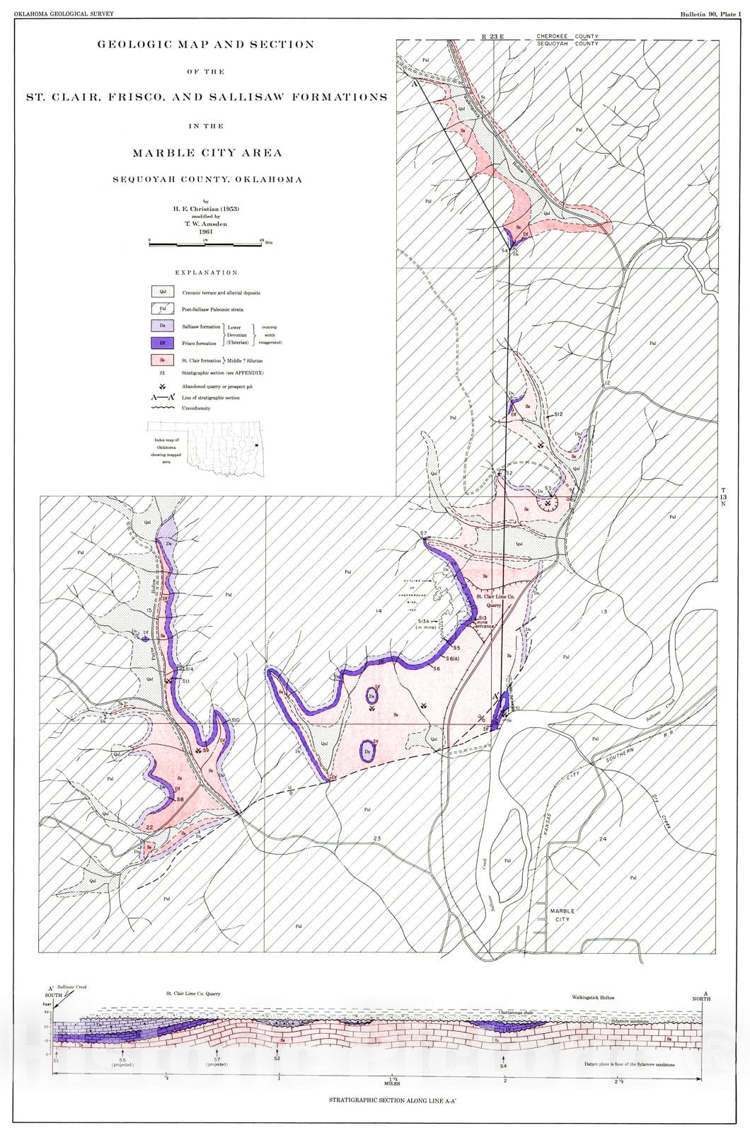 Map : Plate 1. Geologic map and section of the St. Clair, Frisco and Sallisaw formations in the Marble City area, 1961 Cartography Wall Art :
