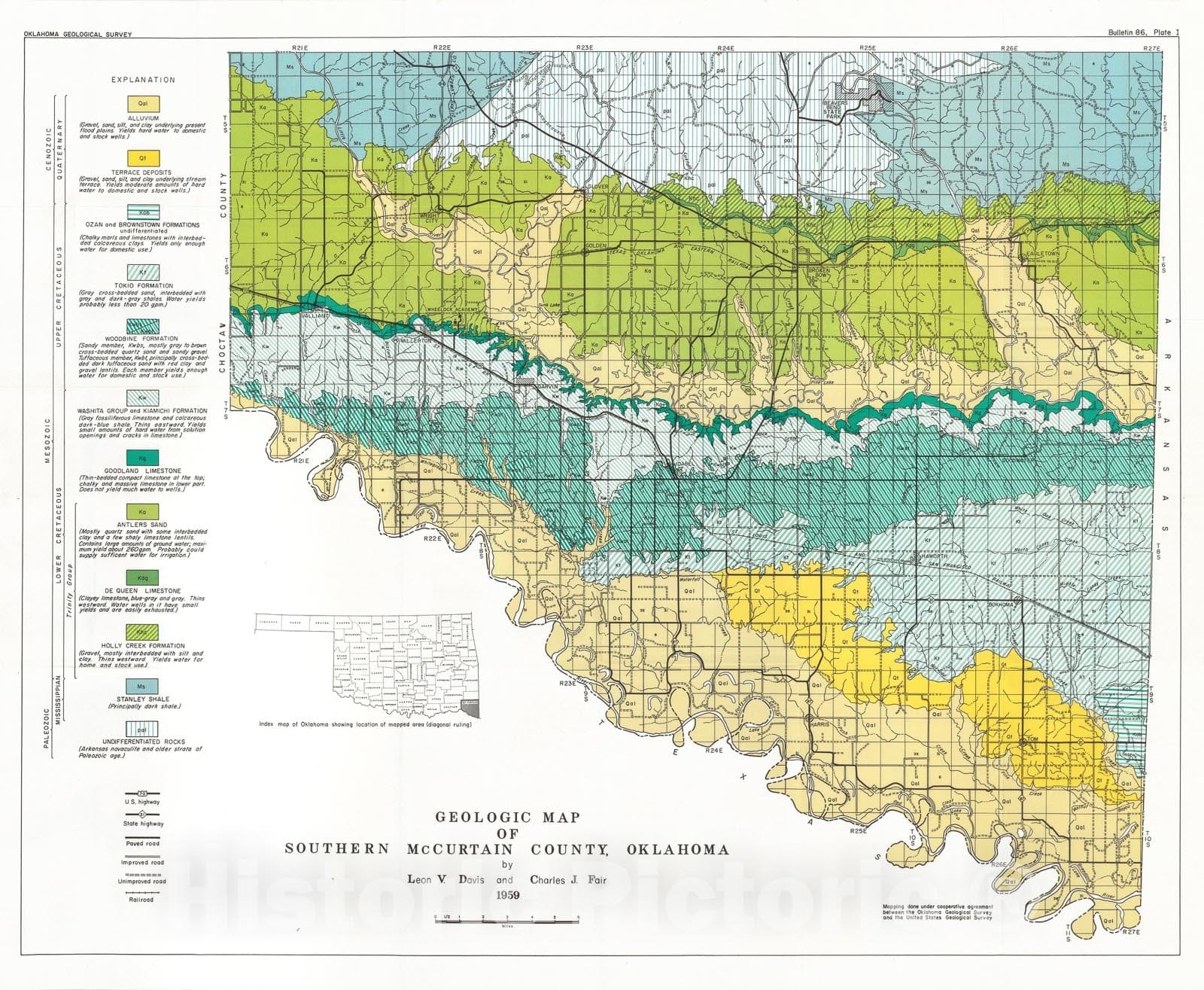 Map : Plate 1. Geologic map of southern McCurtain County, Oklahoma, 1959 Cartography Wall Art :
