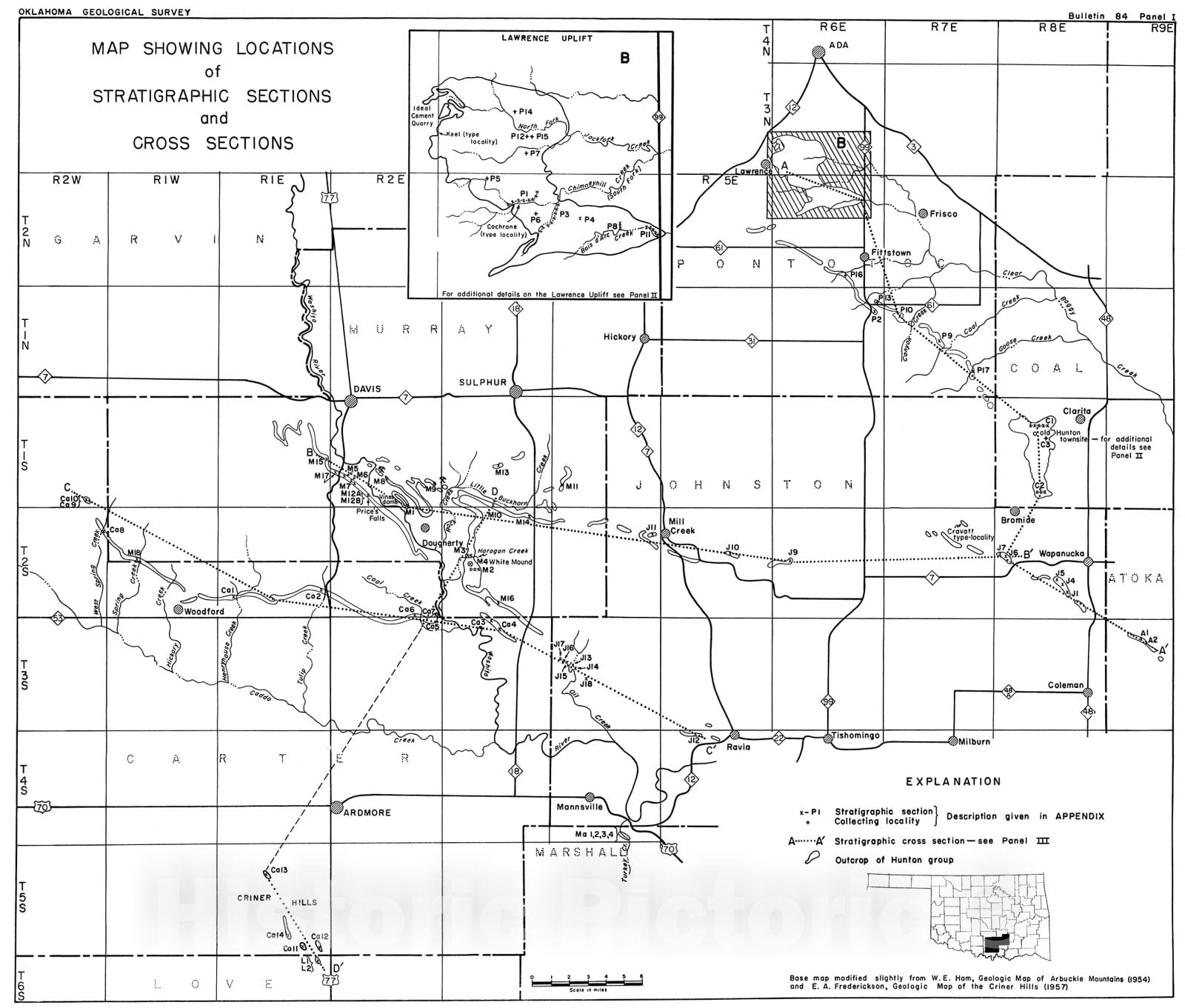 Map : Panel 1.  Map showing locations of stratigraphic sections and cross sections, 1960 Cartography Wall Art :