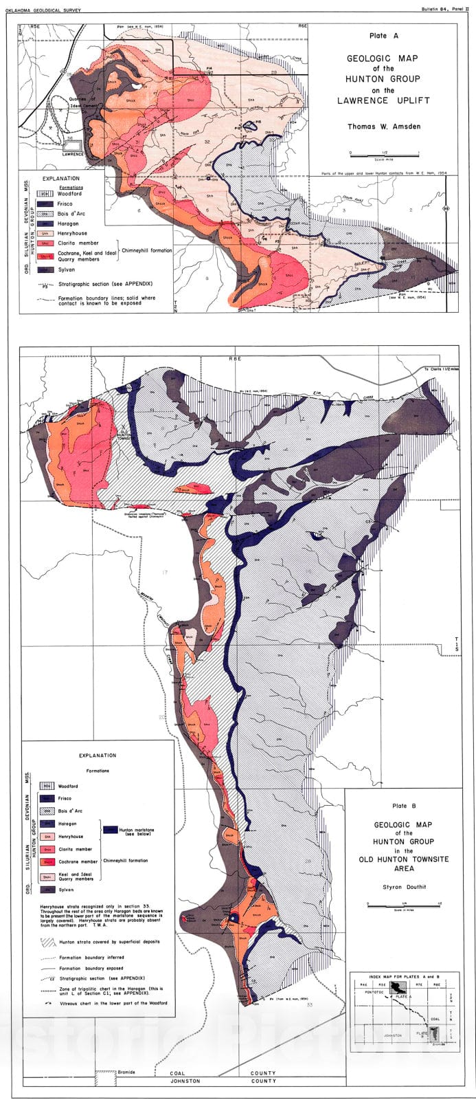 Map : Panel 2B. Geologic map of the Hunton group in the Old Hunton Townsite area, 1960 Cartography Wall Art :