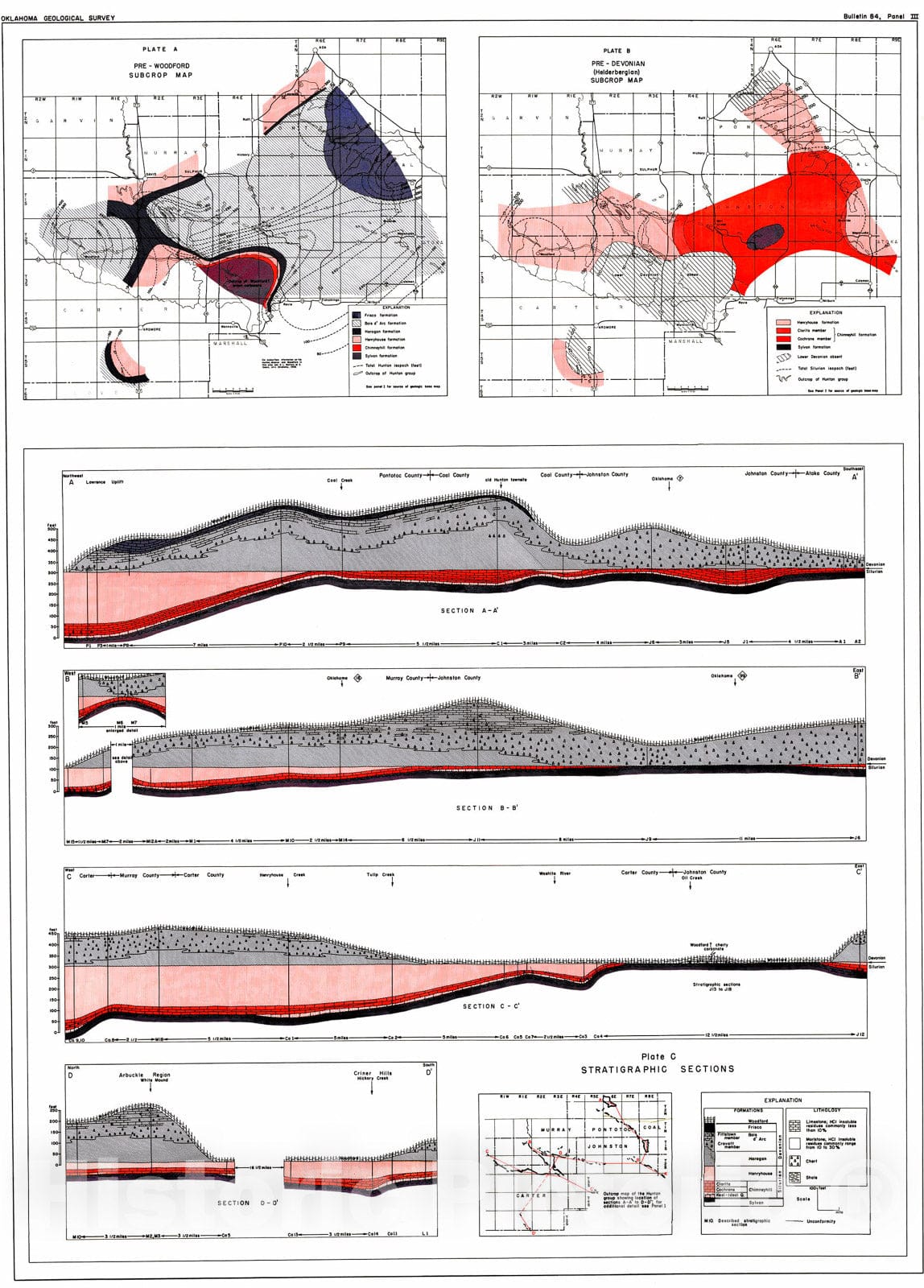 Map : Panel 3B. Pre-Devonian (Helderbergian) subcrop map, 1960 Cartography Wall Art :