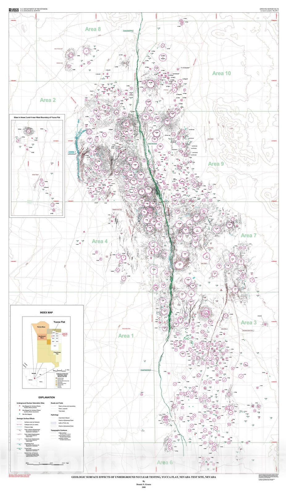 Map : Geologic surface effects of underground nuclear testing, Yucca Flat, Nevada, 2000 Cartography Wall Art :