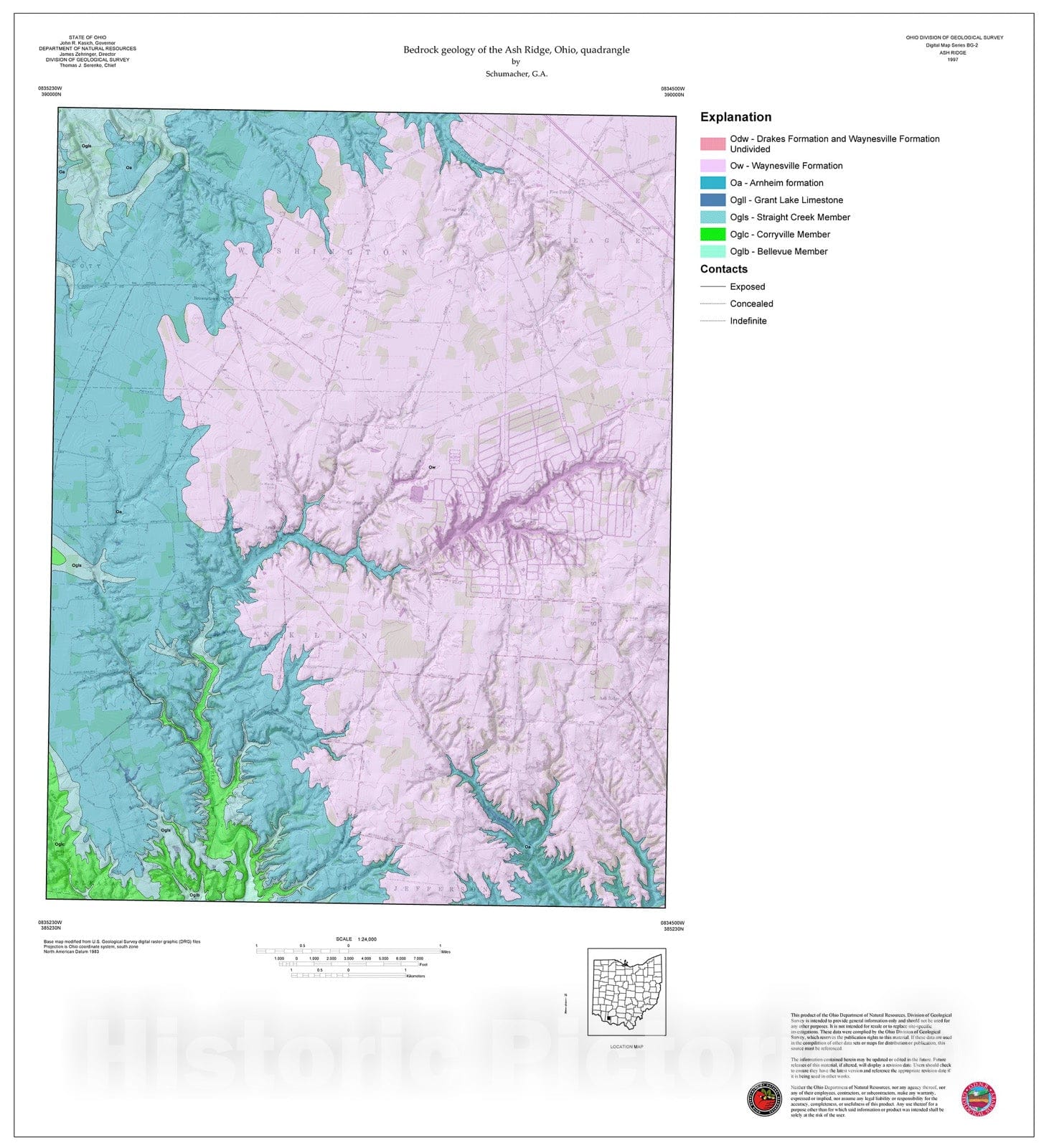Map : Bedrock geology of the Ash Ridge, Ohio, quadrangle, 1997 Cartography Wall Art :