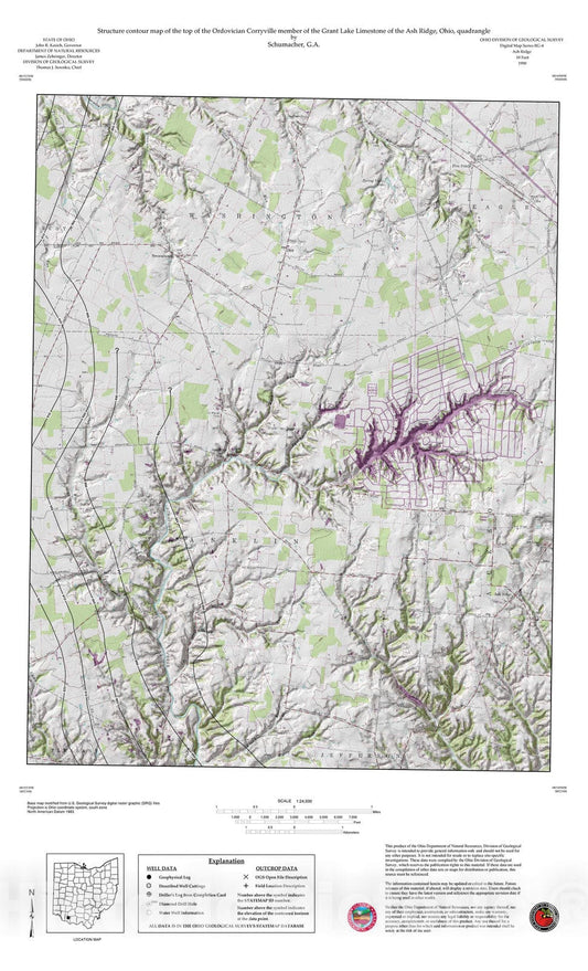 Map : Structure contour map of the tops of the Bellevue and Corryville Members of the Grant Lake Limestone of the Ash Ridge, Ohio, quadrangle, 1990 Cartography Wall Art :