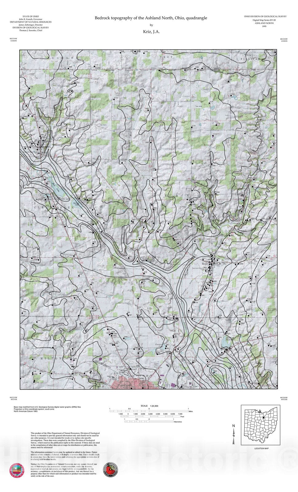 Map : Bedrock topography of the Ashland North, Ohio, quadrangle, 1995 Cartography Wall Art :