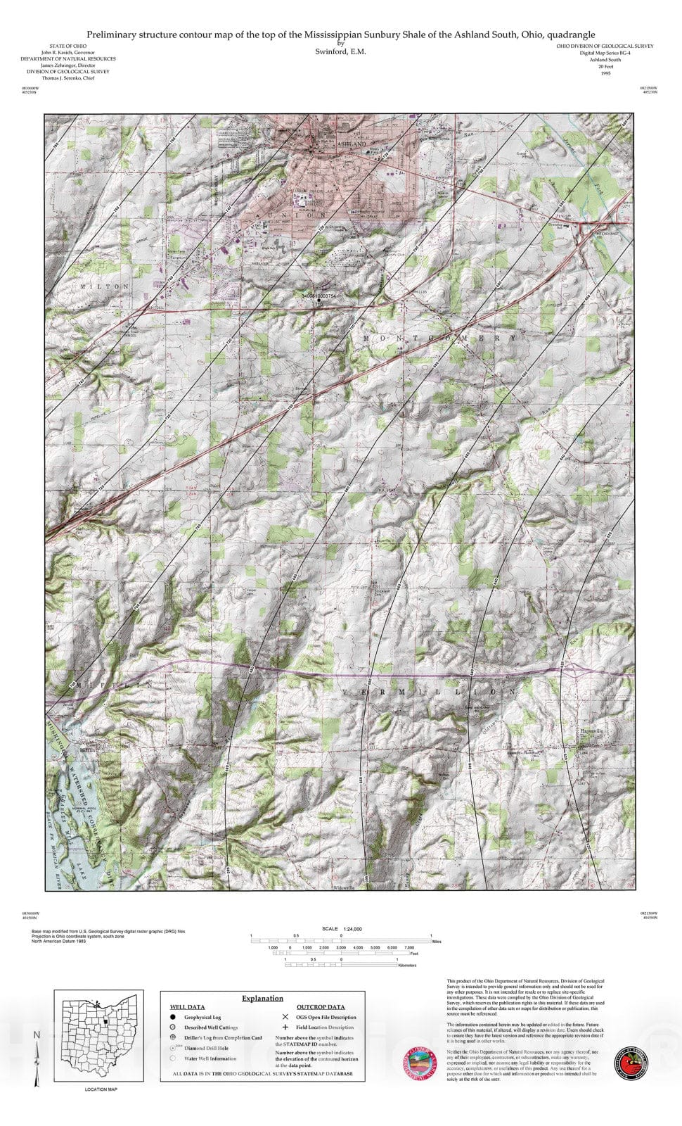 Map : Preliminary structure contour map of the top of the Mississippian Sunbury Shale of the Ashland South, Ohio, quadrangle, 1995 Cartography Wall Art :